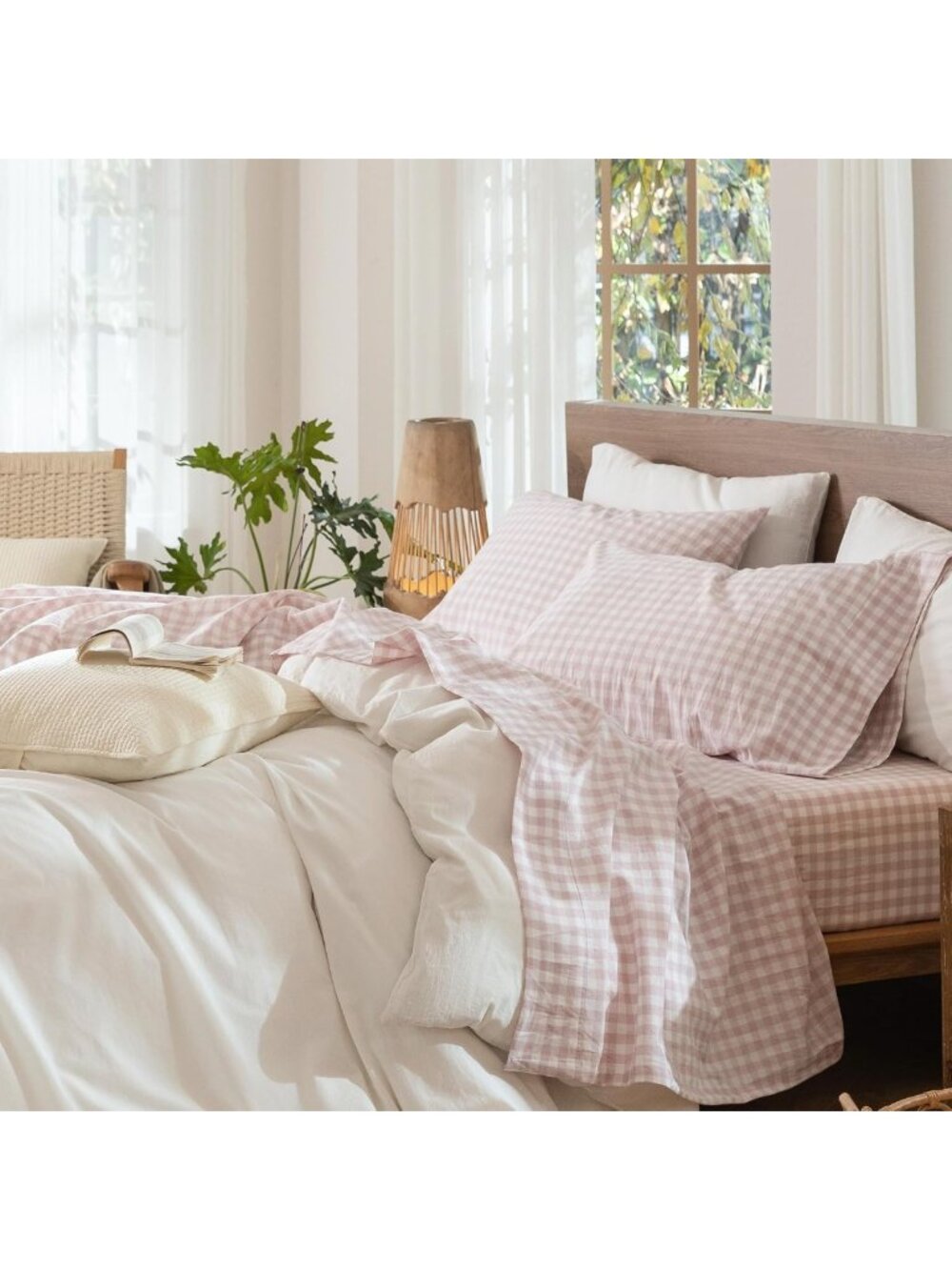 Cozy Gingham Queen Sheet Set | 100% Washed Cotton | Deep Pocket Bedding Set